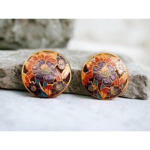 Vintage Round Gold Tone Cloisonne Clip-on Earrings in Multi Colored Enamel
